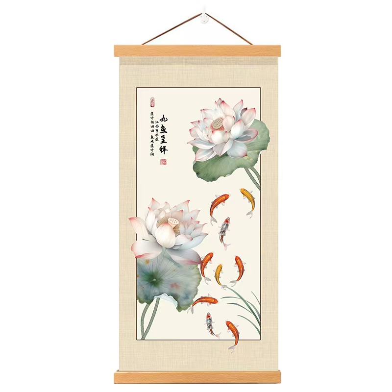寓意好荷花九鱼图挂画客厅玄关装饰画新中式布艺实木挂轴墙画壁画图片