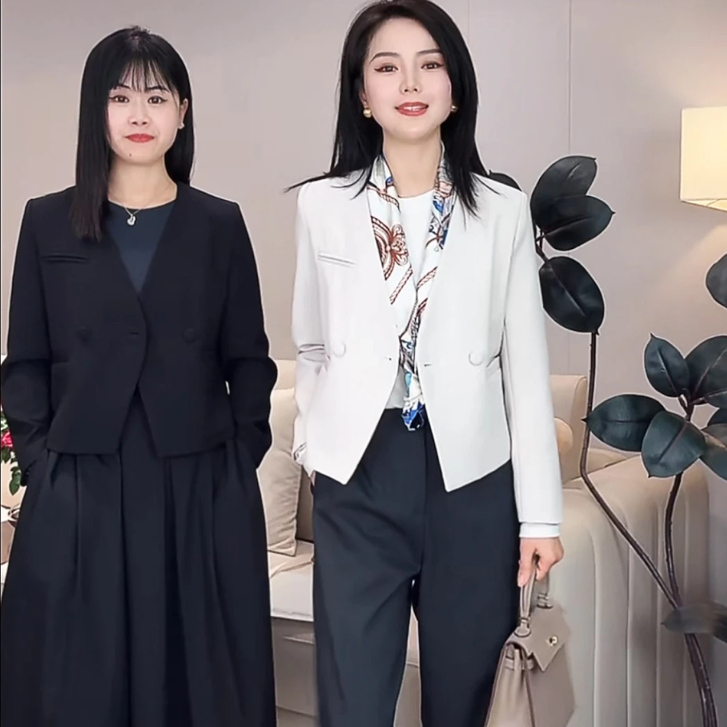 2025新款春季时尚减龄小西装外套女短款V领西服女小个子气质