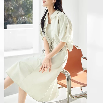 夏季新款法式抽绳连衣裙套装女