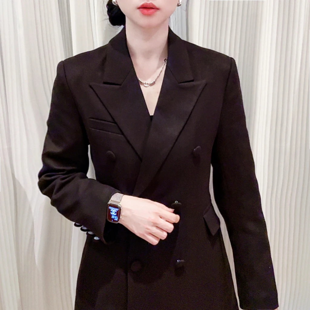 秋冬夹棉蚂蚁腰西装外套女休闲设计师网红双排扣黑色毛呢外套