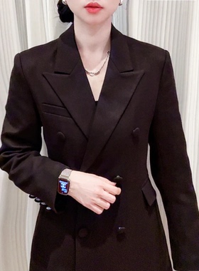 秋冬夹棉蚂蚁腰西装外套女休闲设计师网红双排扣黑色毛呢外套