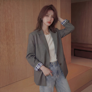 格纹袖 女2026春秋休闲款 单排扣廓形西装 西服上衣女 灰雾轻岚
