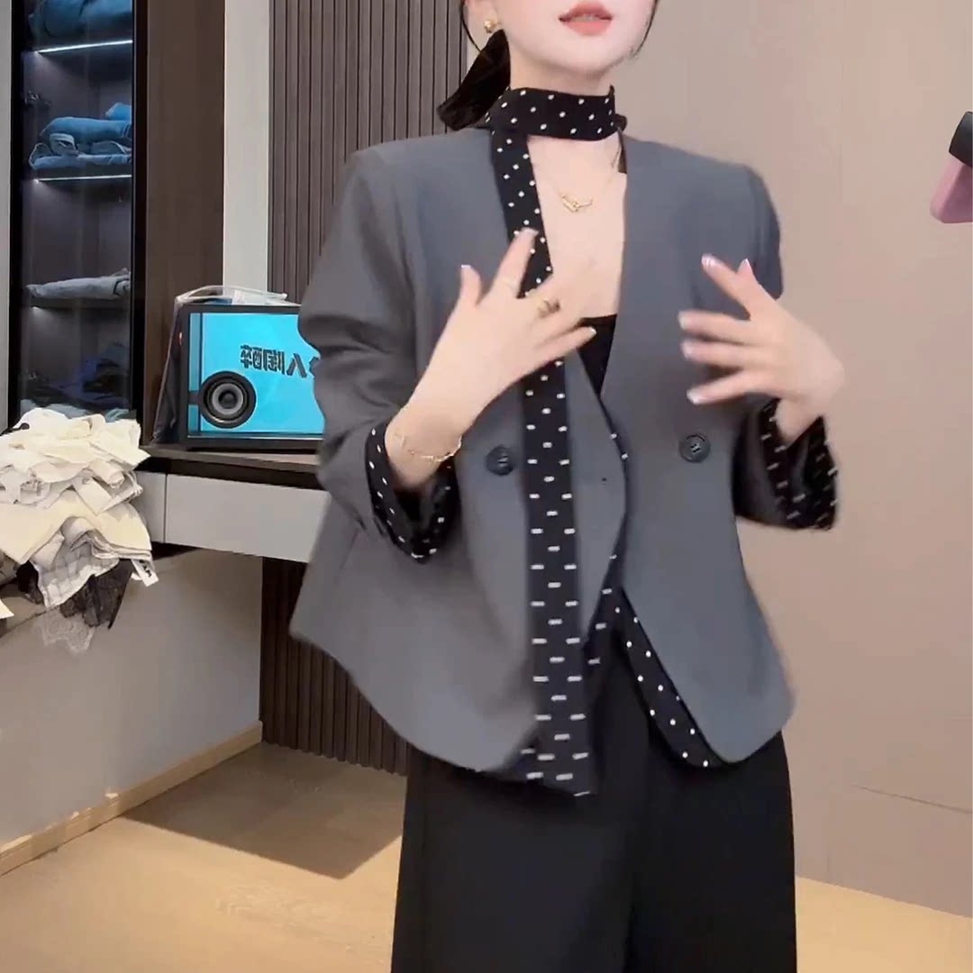 韩系松弛感V领西装外套女带飘带