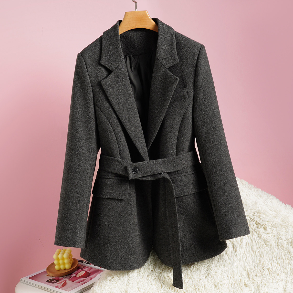 冬季90白鸭绒黑色毛呢西装外套女宽松加厚中长款羽绒服【送腰带】