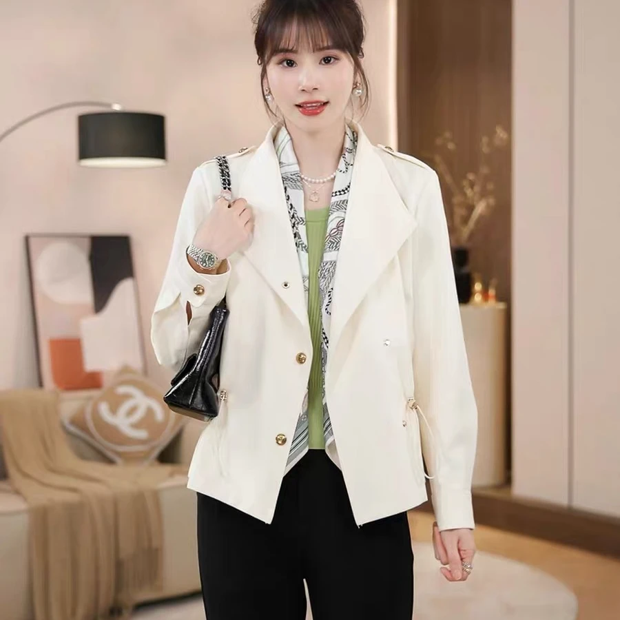 肩翻领收腰小个子时尚显瘦风衣女