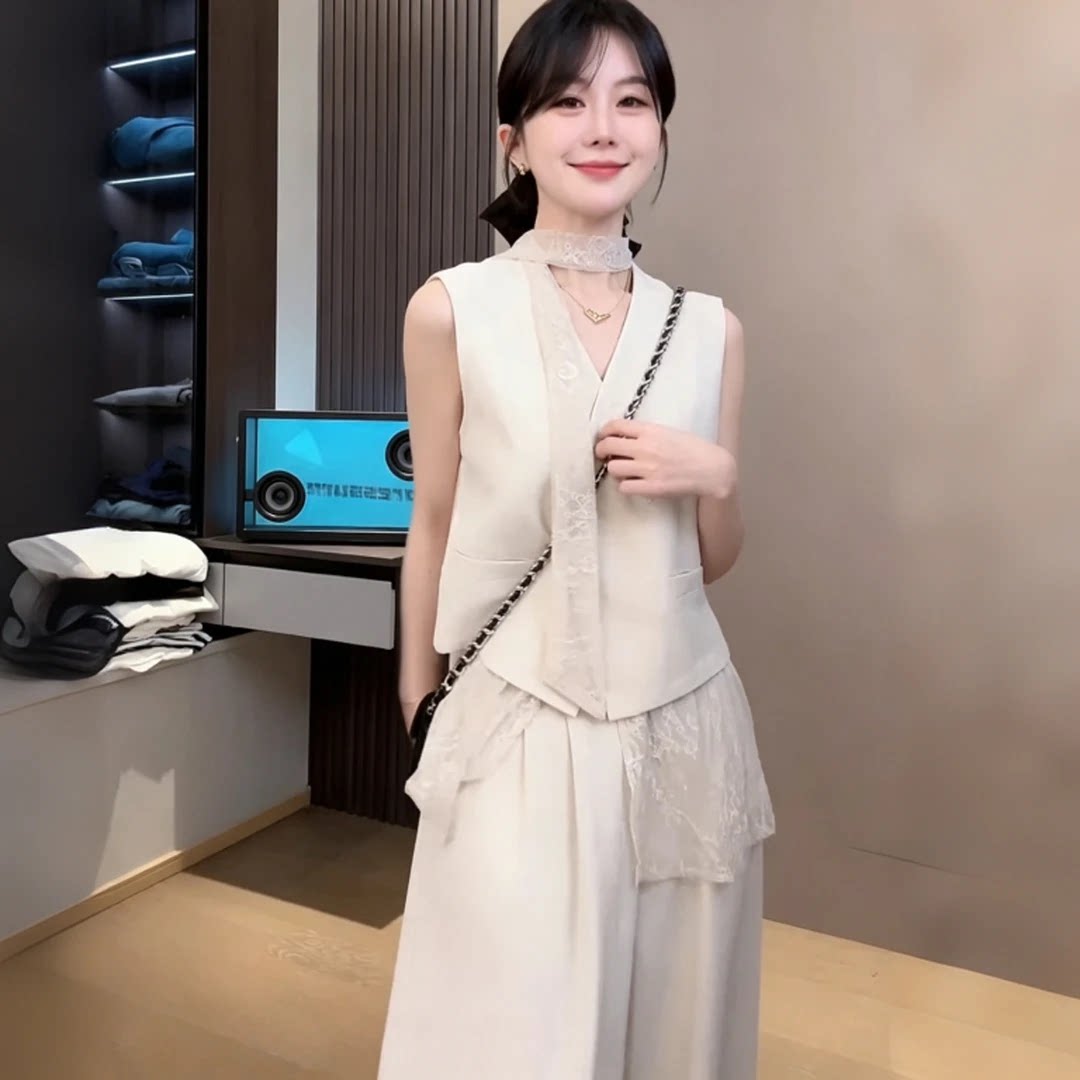 蕾丝气质无袖马甲女高腰阔腿裤