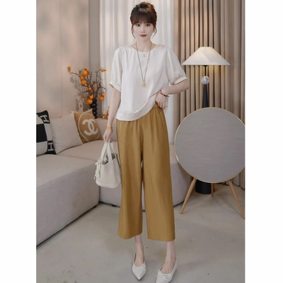 缎面松紧腰显瘦小直筒九分裤女