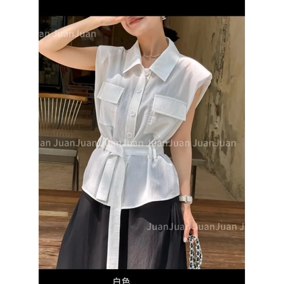 Polo领无袖衬衫女收腰系带设计感