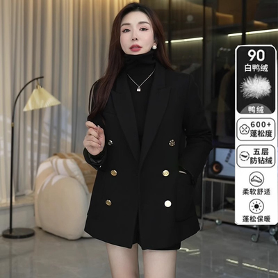 白鸭绒毛呢西装外套女秋冬开叉