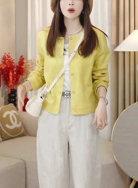 软仿亚麻智感显瘦圆领短款外套女