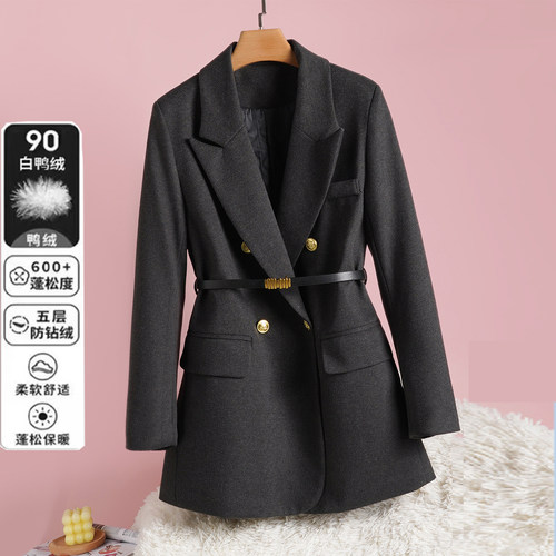 白鸭绒毛呢西装外套女秋冬宽松