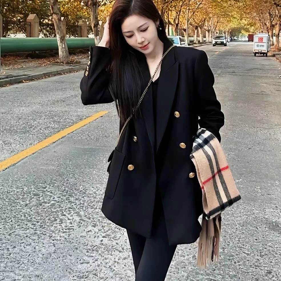 冬季加厚夹棉西装外套女双排扣