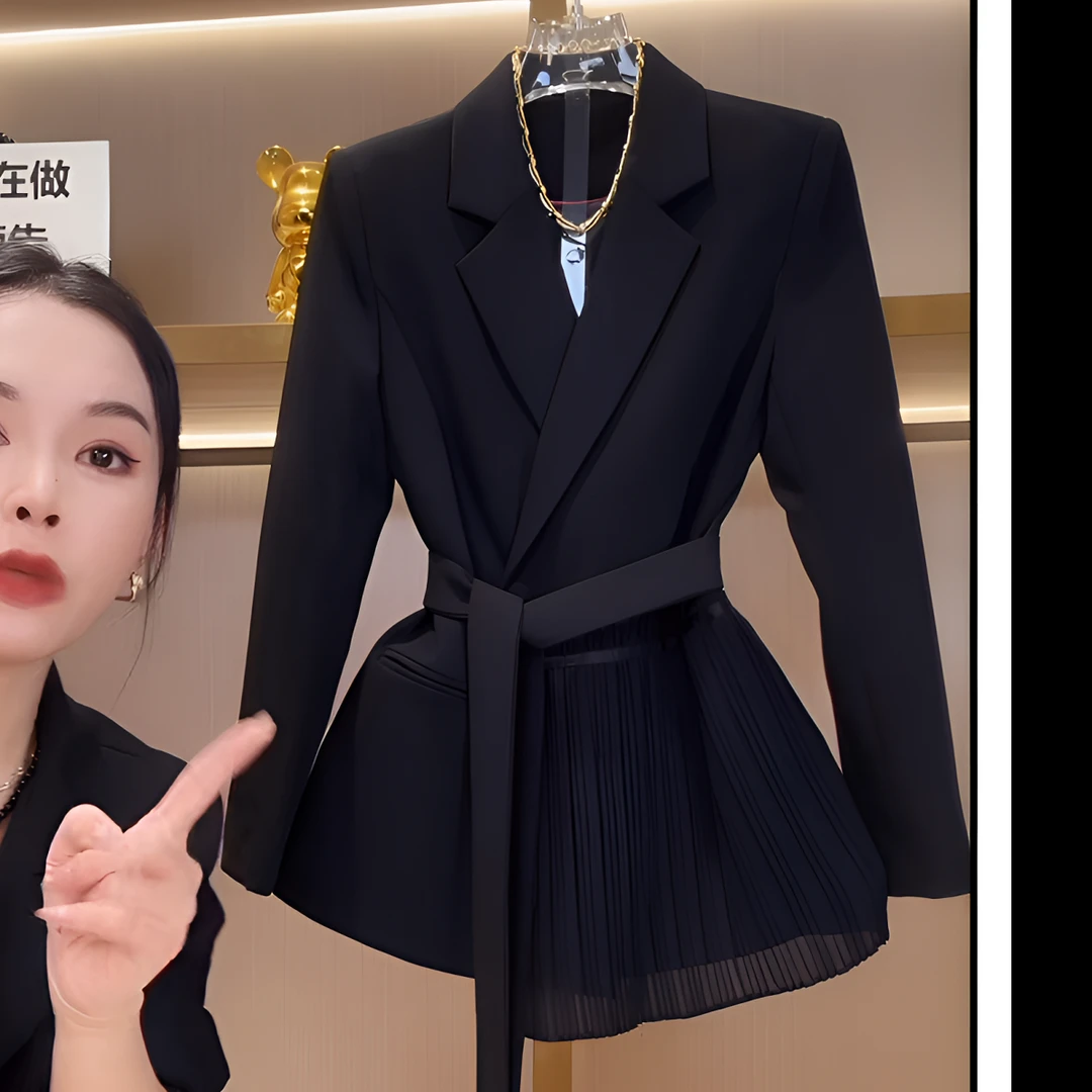 系带纯色拼接纱帘西装显瘦气质