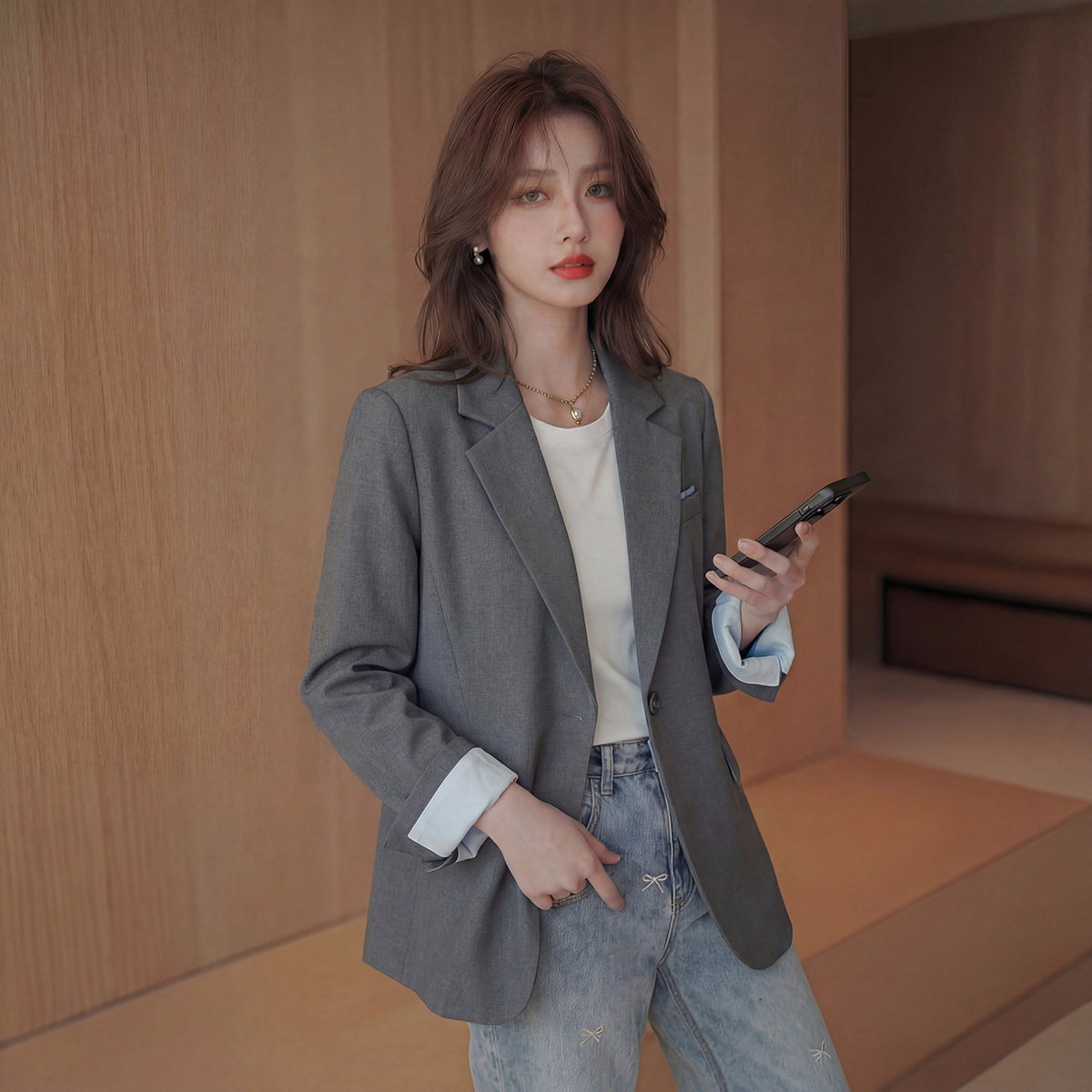 高级感2026春秋季新款灰色袖口撞色翻边西服女气质简约西装外套