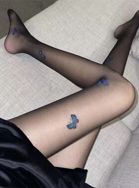 蓝色蝴蝶结丝袜女ins潮纯欲风jk辣妹网红黑丝薄款性感防勾丝连裤