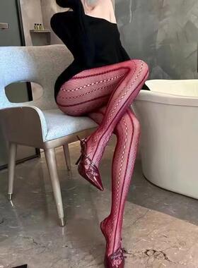 TU RAN性感丝袜蕾丝一体网袜情调长筒袜纯欲过膝竖条美腿红色黑丝