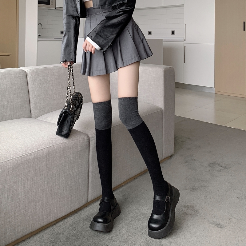 高筒袜螺纹黑灰拼接JK过膝