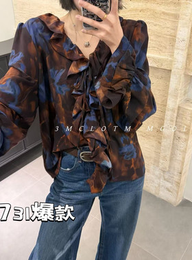 喇叭袖衬衣V领印花飘带衬衫女长袖宽松显瘦上衣
