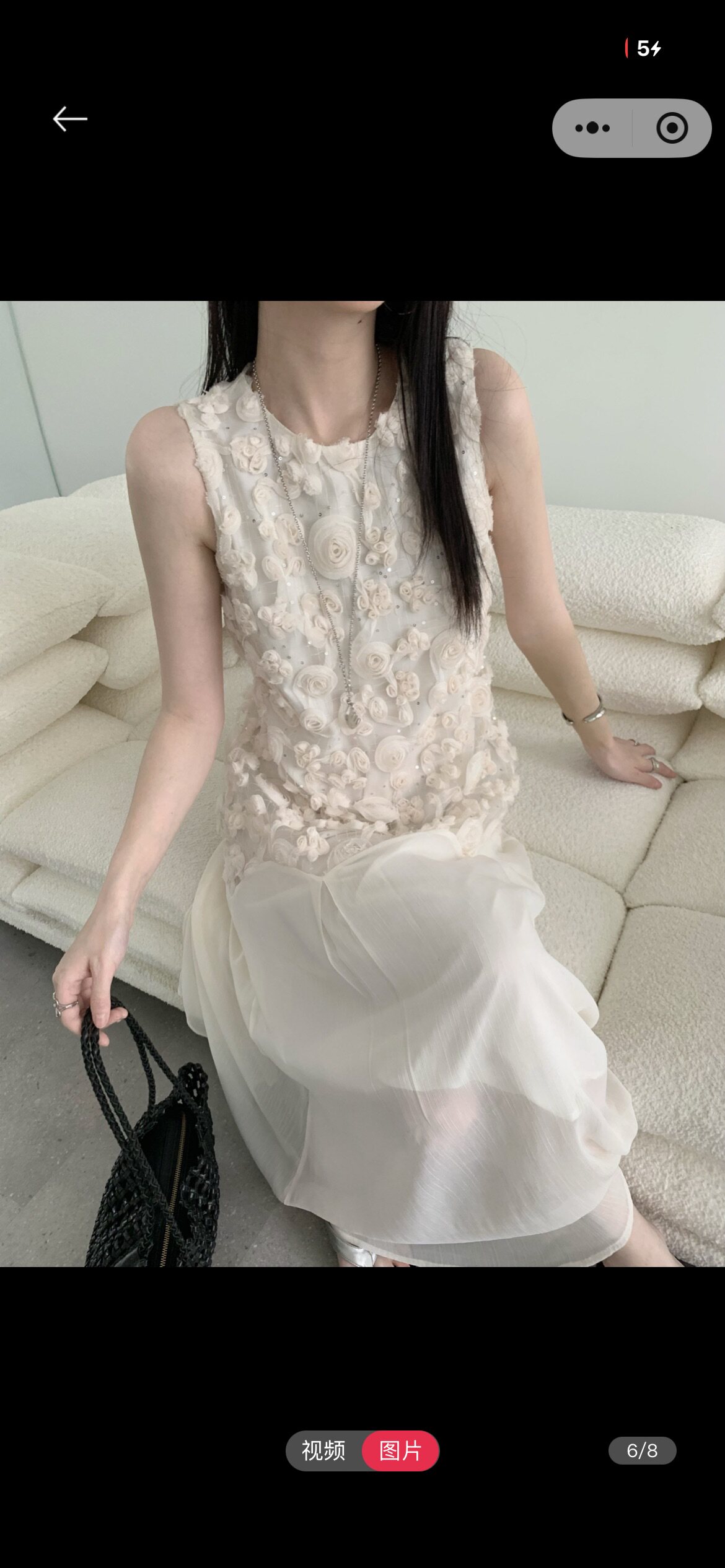 立体花朵无袖背心连衣裙女拼接网纱长裙圆领重工串亮片裙子