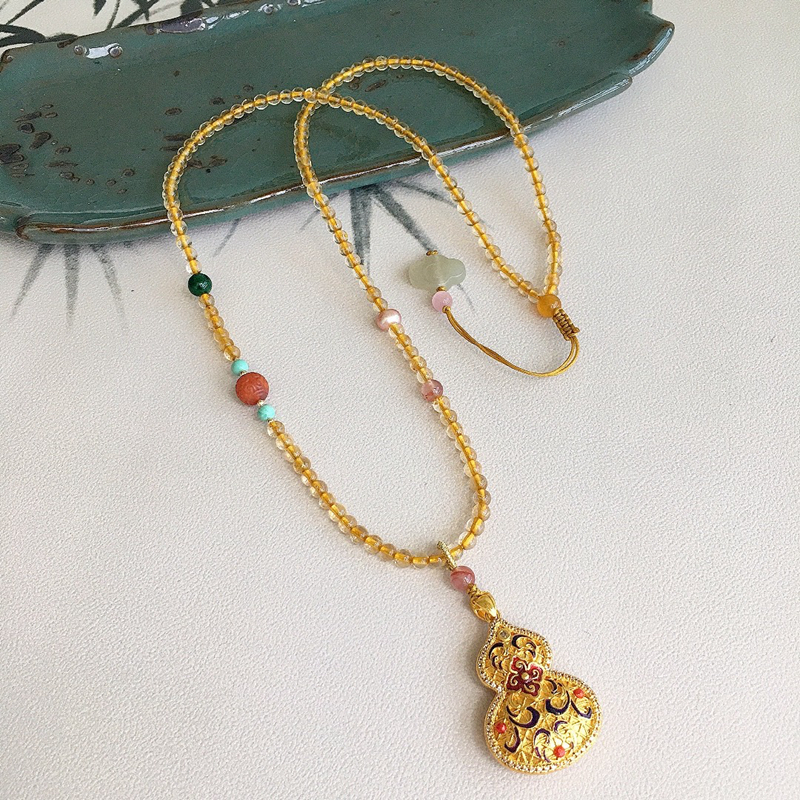 天然黄水晶珠链中式项链新品绳子