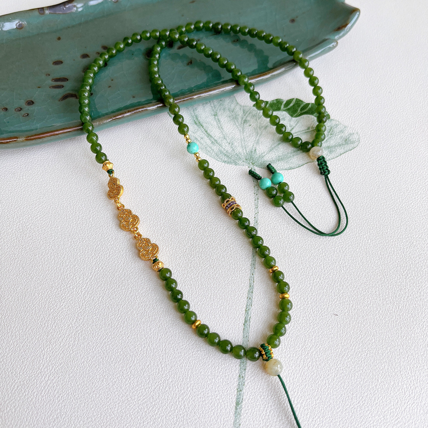 天然和田玉碧玉珠链新中式挂链项链男女平安扣吊坠绳八宝罗盘绳子