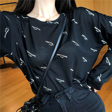 t恤女薄款 防晒衫 上衣 港味ins超火 网红圆领字母印花微透宽松长袖