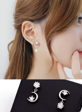 925银针法式星月锆石不对称无耳洞耳夹气质流苏吊坠耳环OL耳钉