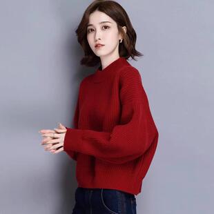 秋冬装2025年新款羊毛针织打底衫内搭女士蝙蝠袖短款套头红色毛衣