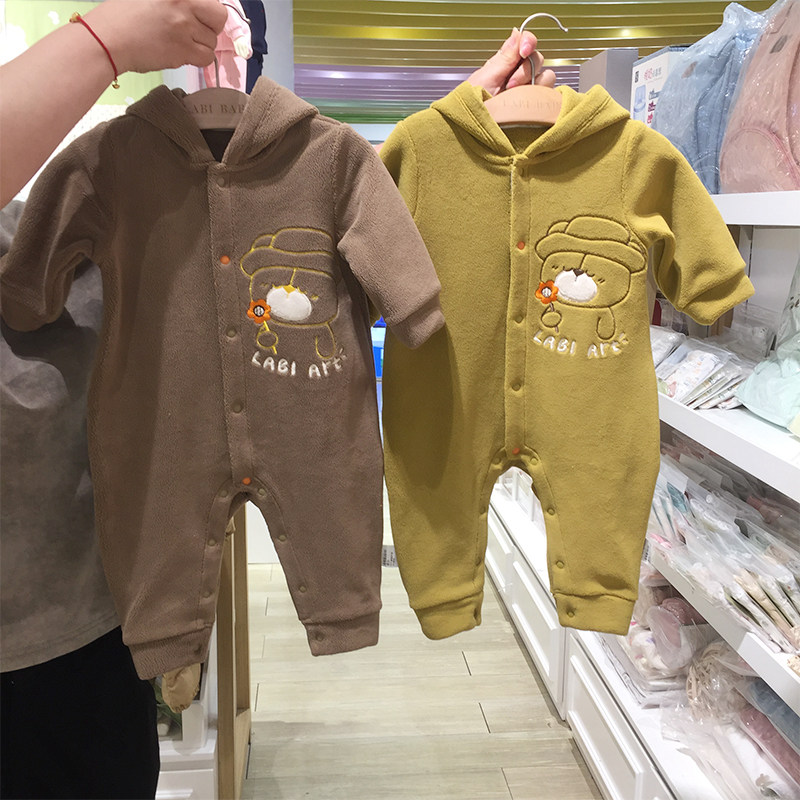 商场专柜款拉比婴童宝宝2024秋冬加绒连帽连体衣爬服新生儿哈衣