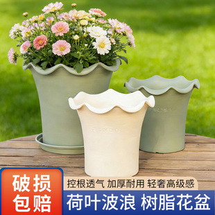树脂花盆荷叶边家用加厚塑料室内阳台高颜值百合ins波浪边花盆