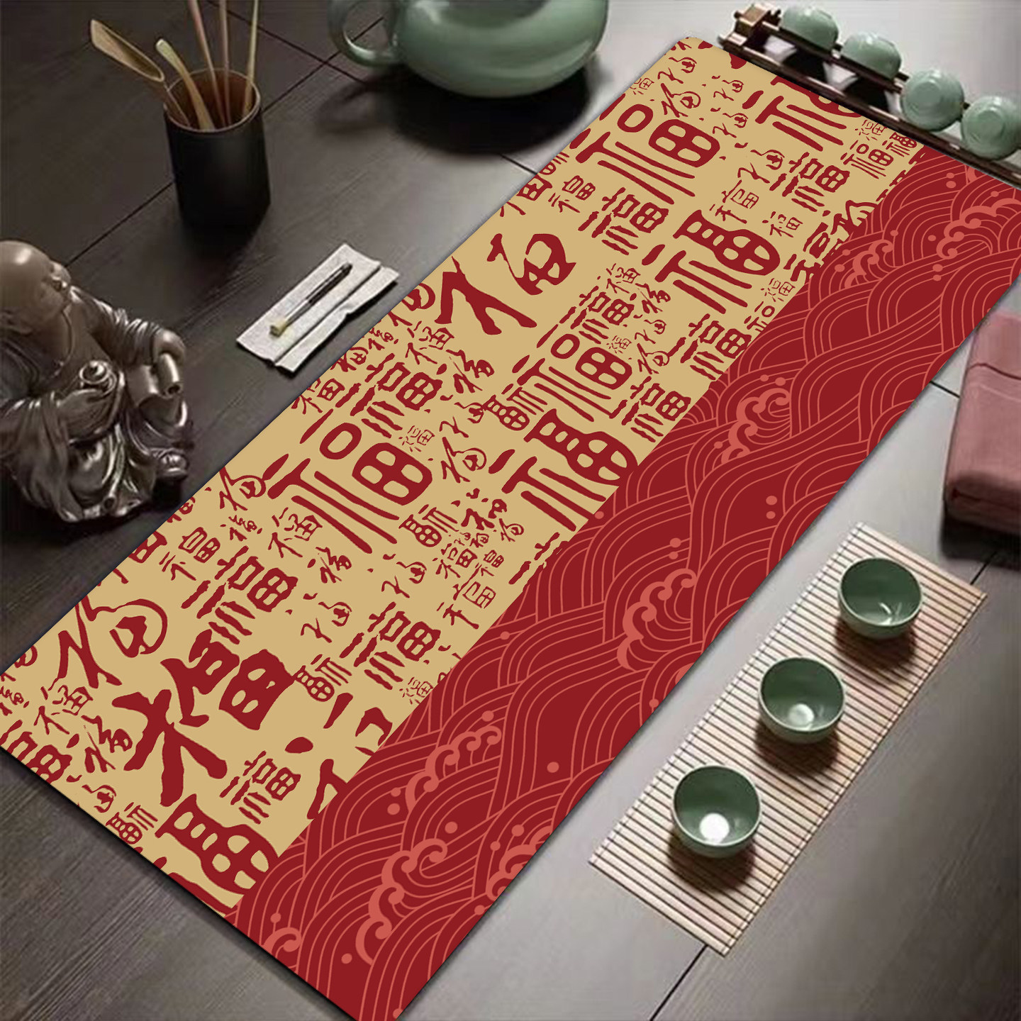 红色喜庆创意百福字国潮中式鼠标垫超大电脑桌面垫办公键盘垫防滑