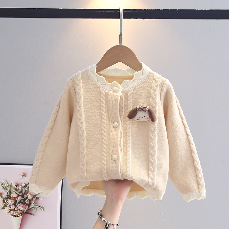 甜美风麻花纹开衫毛衣女奶白色纽扣针织衫外套单排扣女童春秋款