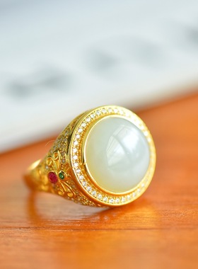 s925银镶和田玉白玉戒指活口