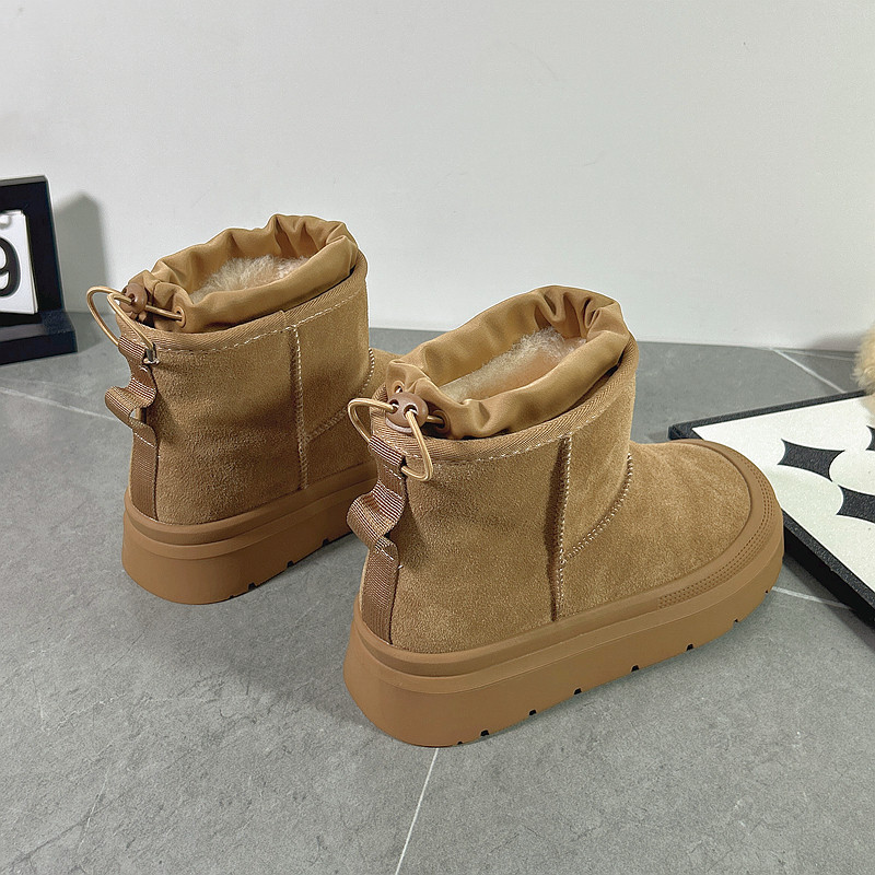 雪地靴女2025冬季新款皮毛一体加绒加厚底复古抽绳牛皮羊毛短筒靴,女鞋,时尚雪地靴,淘宝优惠券,粉丝福利购,淘宝优惠卷