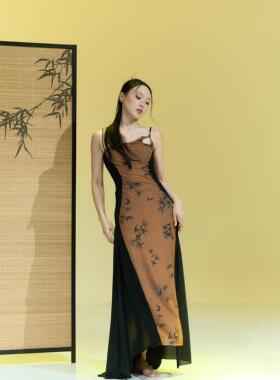 SOSO佳吊带裙练功服带胸垫中国风水墨画弹力古风爵士舞蹈改良旗袍