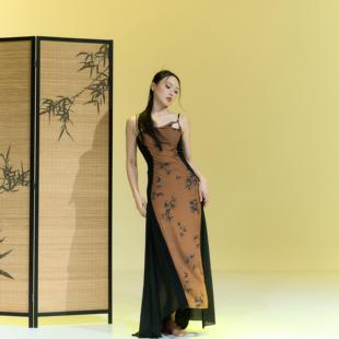 SOSO佳吊带裙练功服带胸垫中国风水墨画弹力古风爵士舞蹈改良旗袍