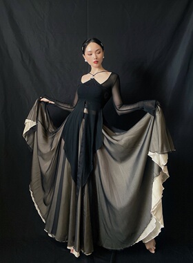 SOSO佳原创古风复古爵士双层720度大裙摆网纱上衣暗黑舞蹈演出服