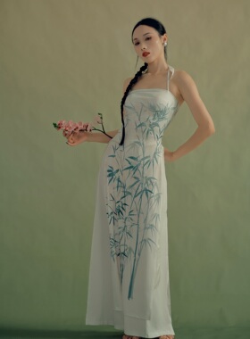 SOSO佳新中式挂脖吊带青竹连衣裙国风爵士高开叉旗袍款上衣舞蹈服