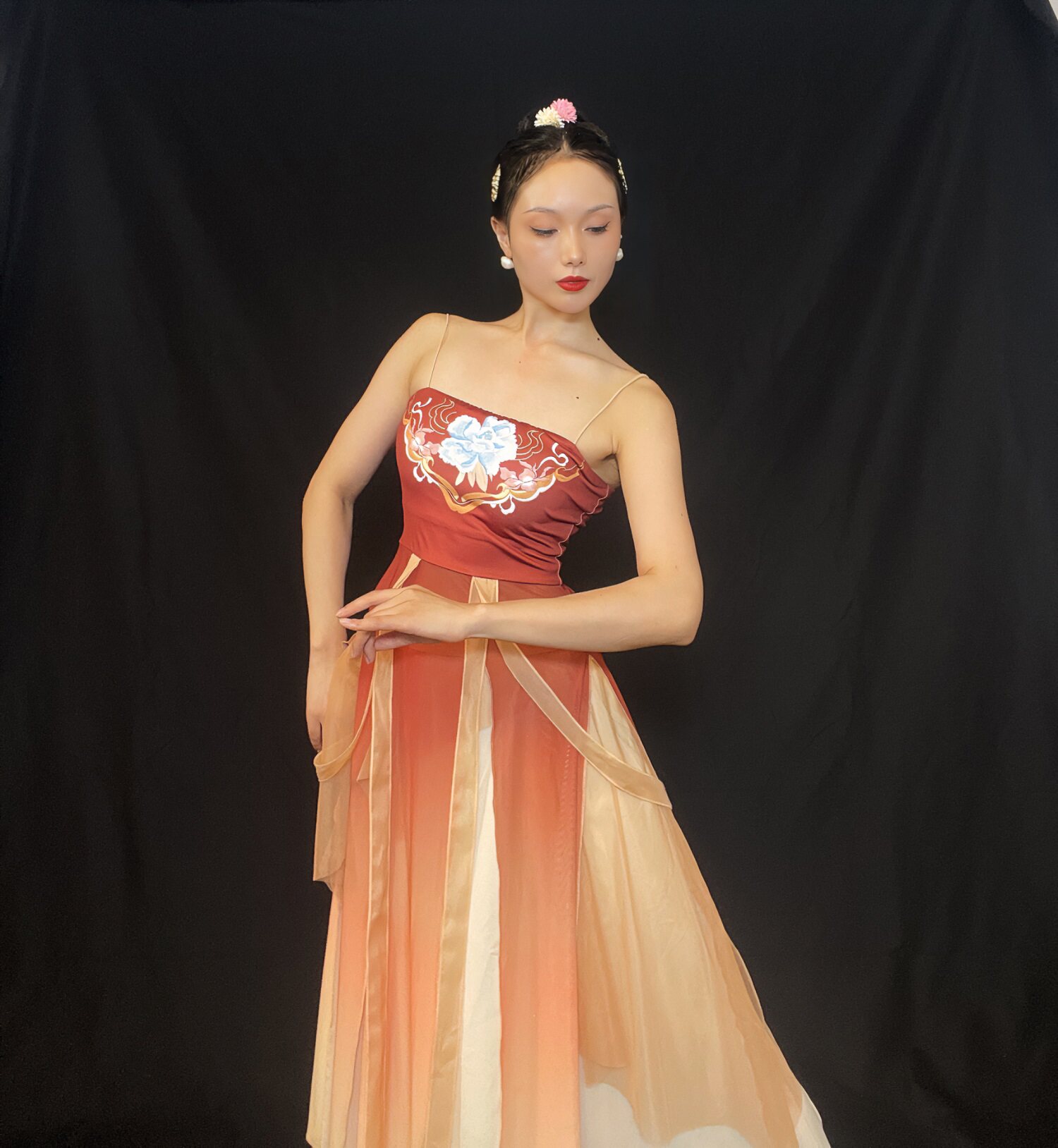 soso古风系列唐风裹胸吊带渐变印花飘带长上衣古风舞蹈演出服套装