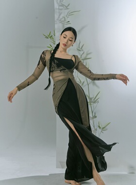 SOSO佳弹力新中式网纱水墨花朵修身上衣古典舞新国风演出服舞蹈服