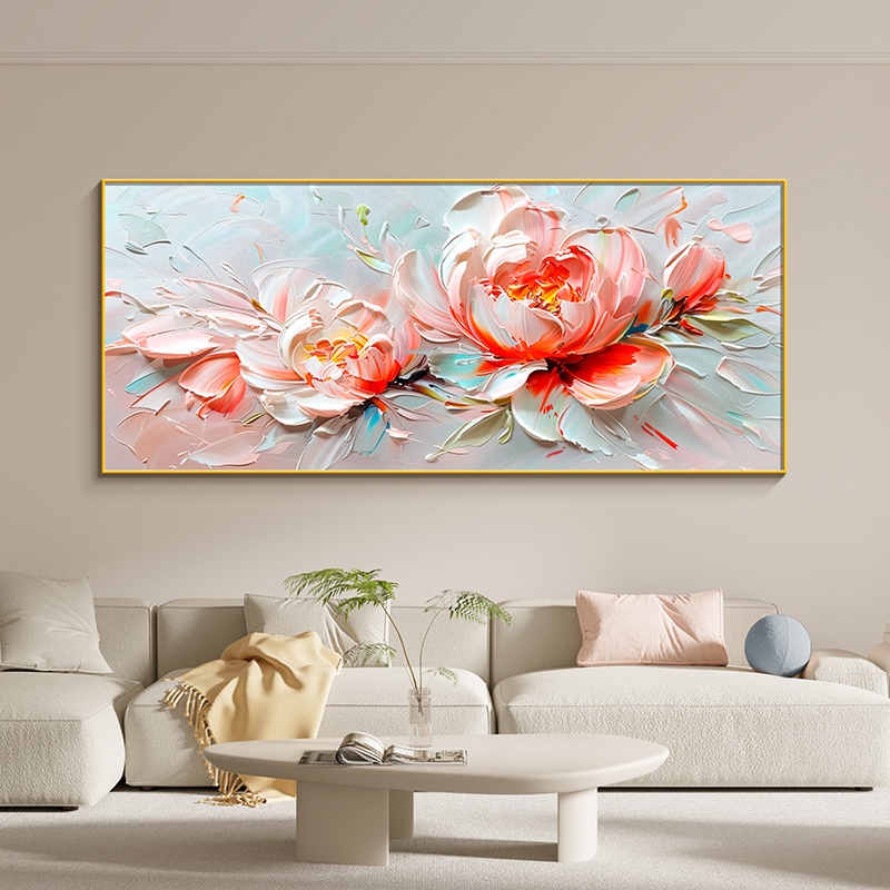 花开富贵奶油风沙发背景墙装饰画牡丹花大芬村油画高级感客厅挂画图片