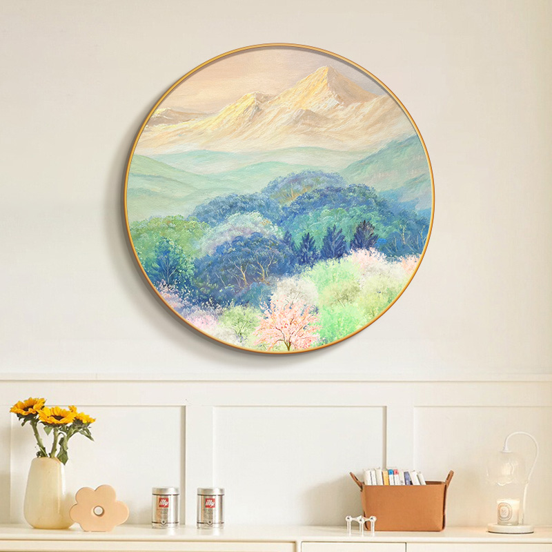 野地美树子日式原木风餐厅装饰画治愈系风景背有靠山饭厅圆形挂画图片