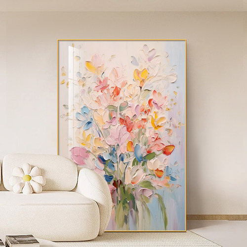 彩绘花卉客厅装饰画奶油风