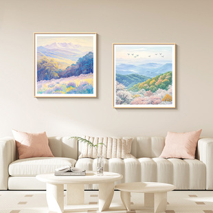 花海奶油风沙发背景墙装饰画新款樱花风景治愈系餐厅卧室组合壁画