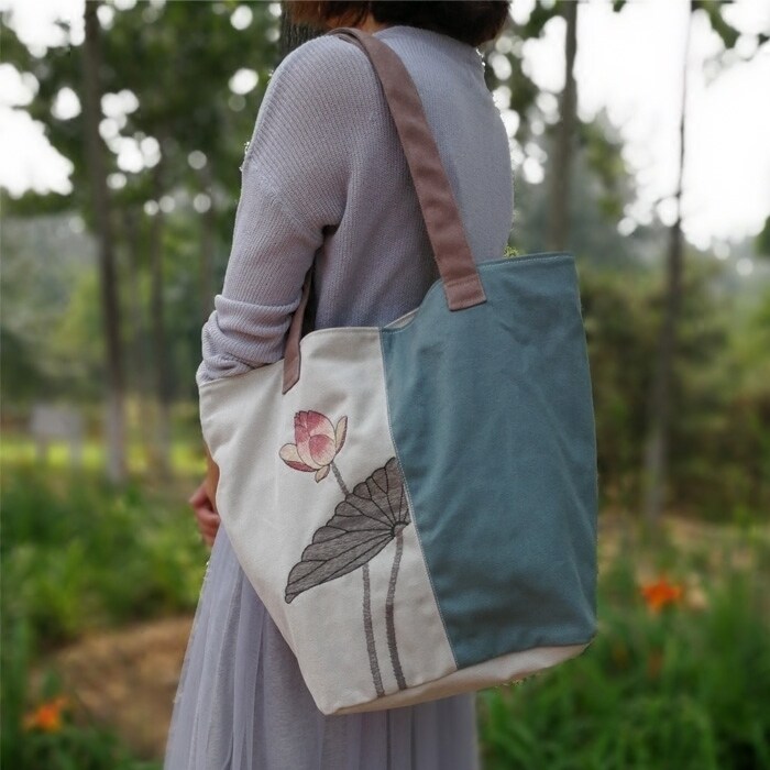 九天莲池新品帆布包女民族绣花包包手提单肩包休闲特色布袋购物袋