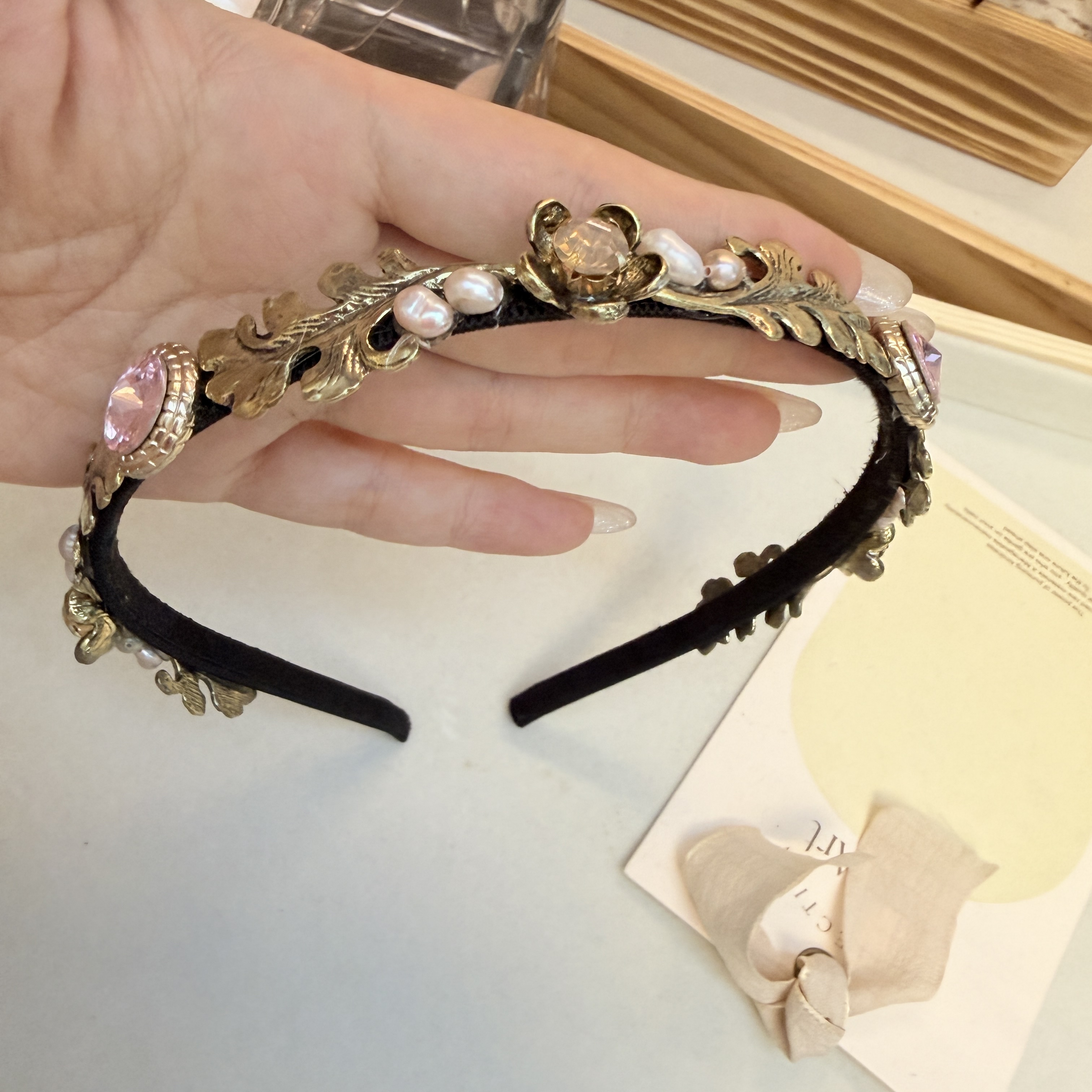 韩国法式复古高级感水晶水钻发卡发箍森系仙美细款头箍