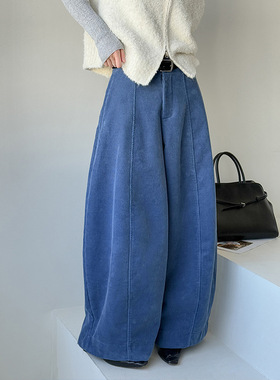 橘芷冬韩版复古纯色灯芯绒加绒阔腿裤时髦显气质宽松休闲裤66118