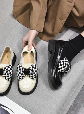 巴迪雅女鞋2022春夏欧洲站真皮蝴蝶结圆头乐福鞋厚底单鞋女19982