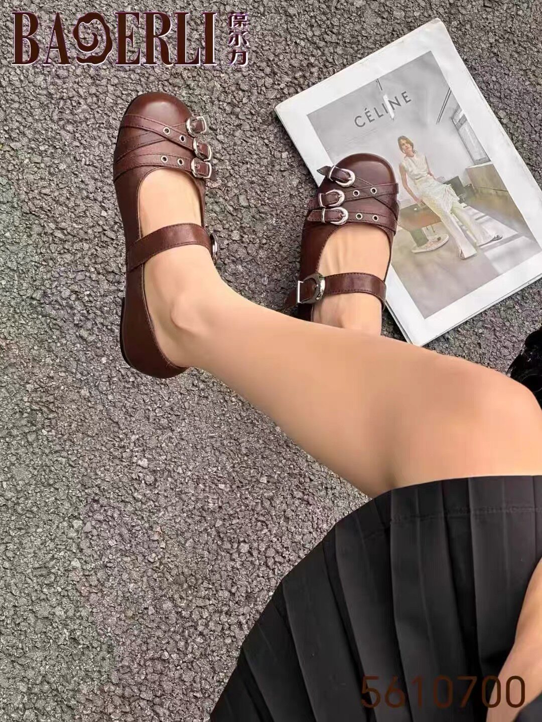 专柜正品葆尔力2026新款牛皮圆头皮带扣玛丽珍鞋女单鞋芭蕾舞鞋
