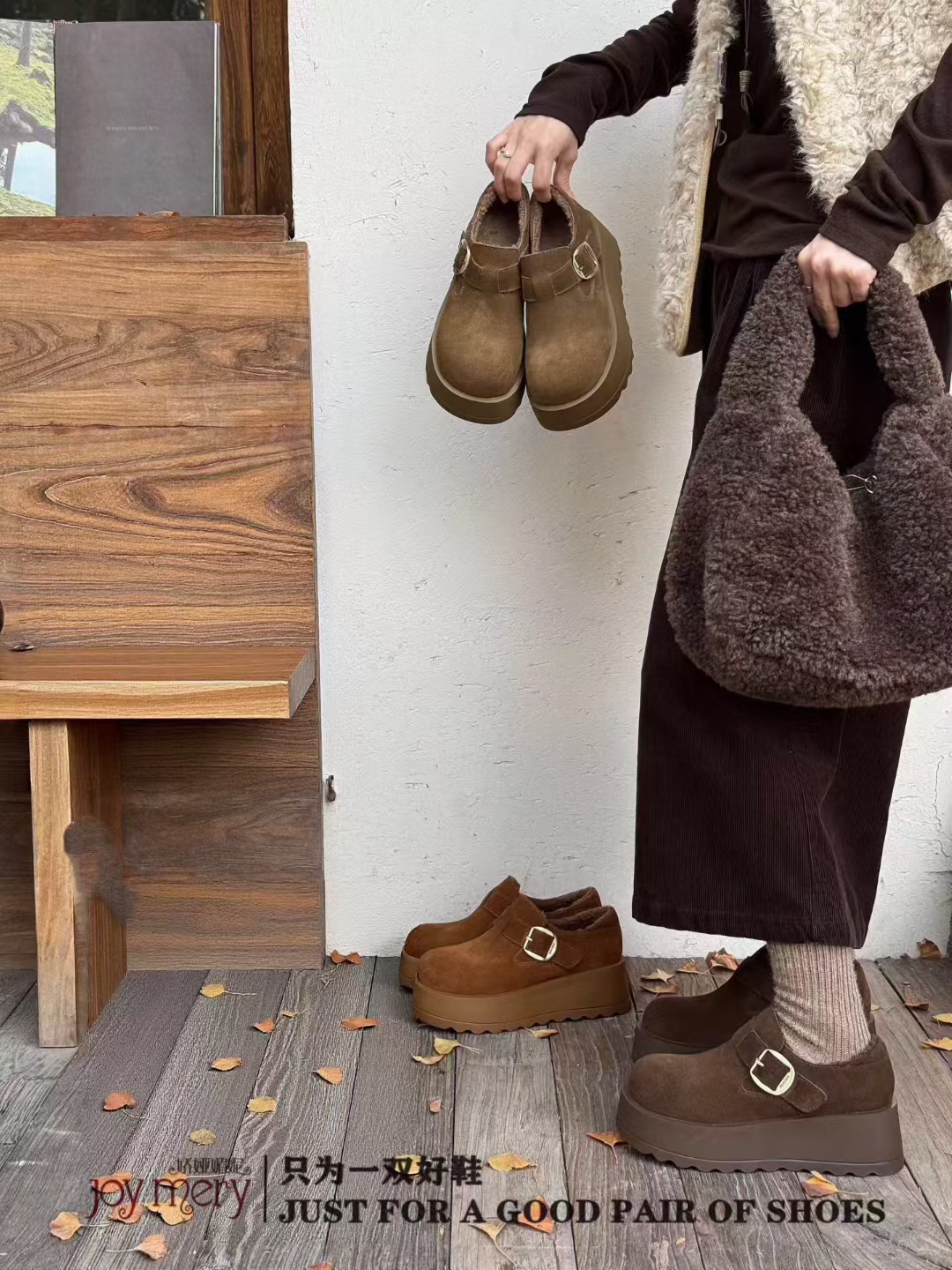 专柜正品娇娅媚妮2025新款牛反皮松糕厚底增高勃肯鞋加绒保暖棉鞋
